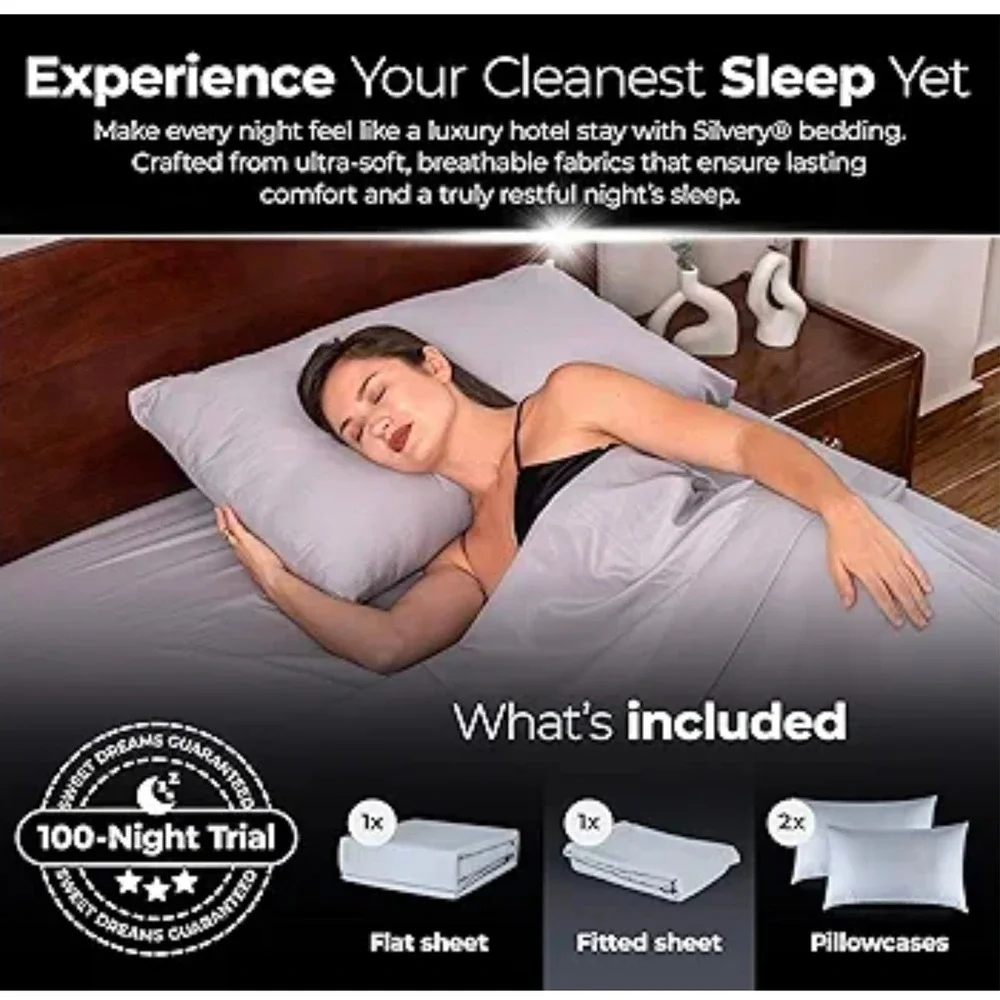 Silvery Bed Sheets Queen‎ Size Silver Infused Microfiber Soft Hypoallergenic